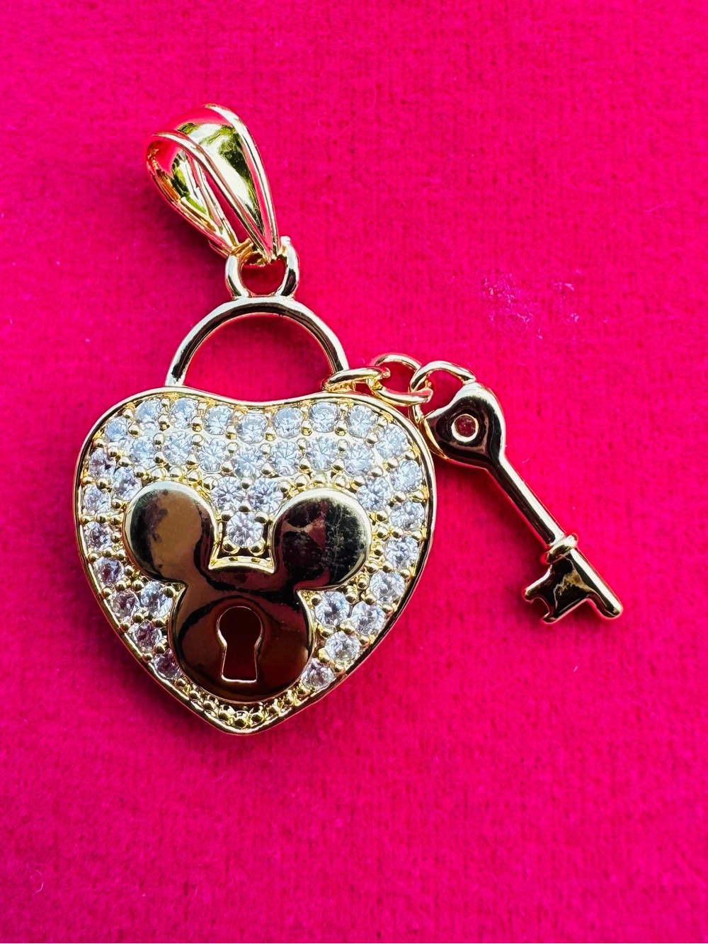 Gold Filled Mouse Heart Lock & Key CZ Pendant